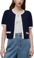Womens Casual Summer Short Sleeve Cardigans Lyocell Blend Contrast Trim Button Down Knitted Lightweight Cardigan Sweater Tops MegaBDM