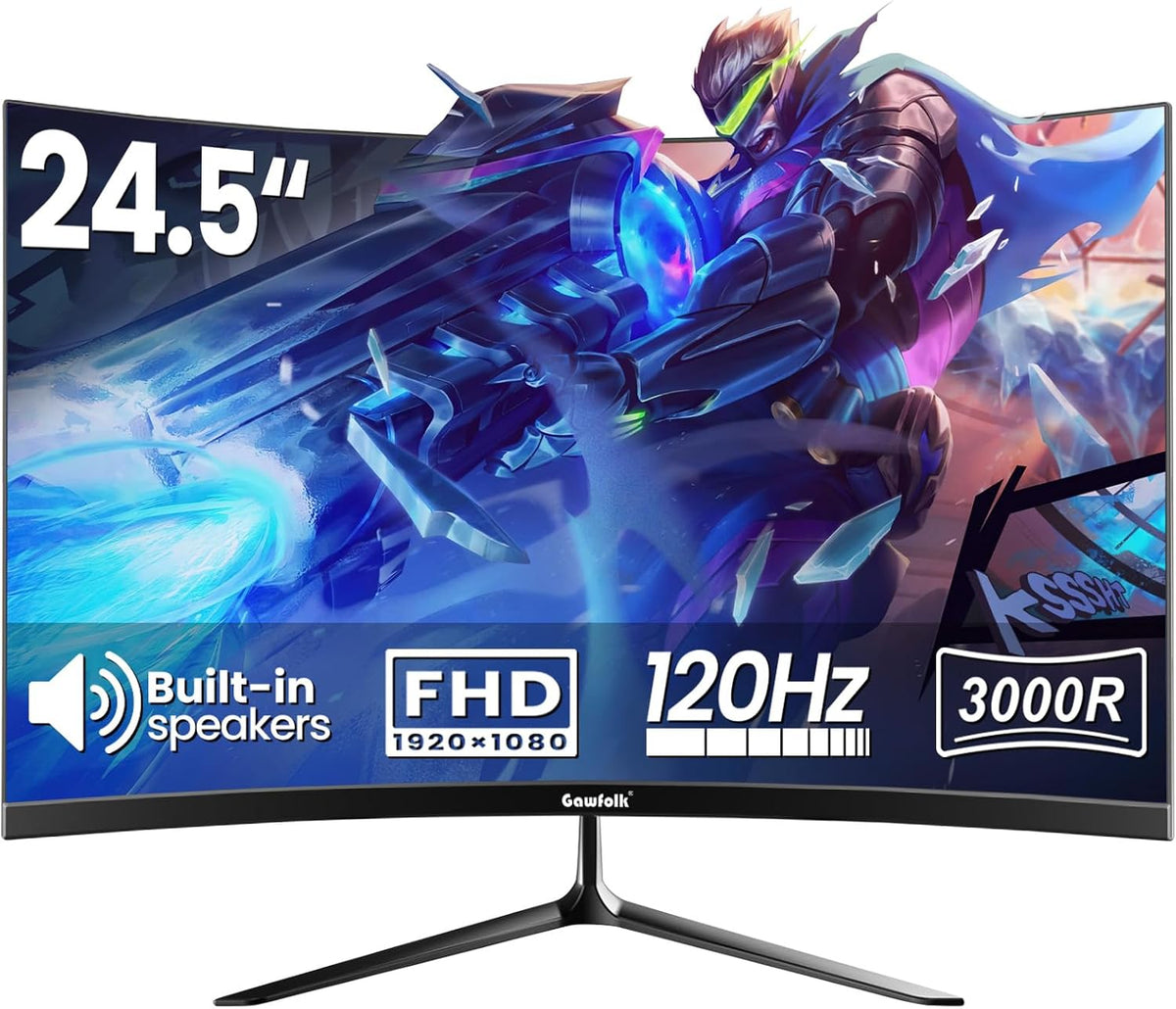 Gawfolk 24.5 Inch Curved Gaming Monitor Built-in Speakers, 3000R 120Hz PC Screen Full HD 1920x1080P 1ms MPRT, 98% sRGB,HDMI 2.0, VGA, VESA 75 * 75mm, Black PC Monitor MegaBDM