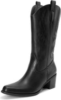 DREAM PAIRS Women's Square Toe Cowboy Cowgirl Boots Embroidered Mid Calf Western Boots Fashion Dress Low Chunky Heel Boots for Theme Party Country Concert MegaBDM