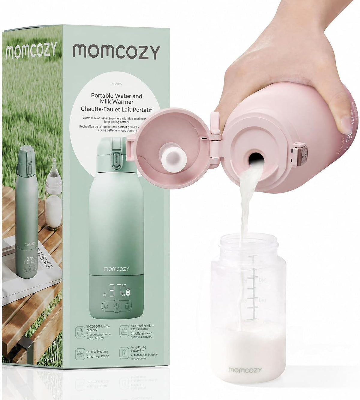 Momcozy Portable Bottle Warmer for Travel – Dual Heating Modes for Breast Milk & Water, Portable Milk Warmer with Fast Heating & Long Battery Life, 500ml Large Capacity, Pink MegaBDM