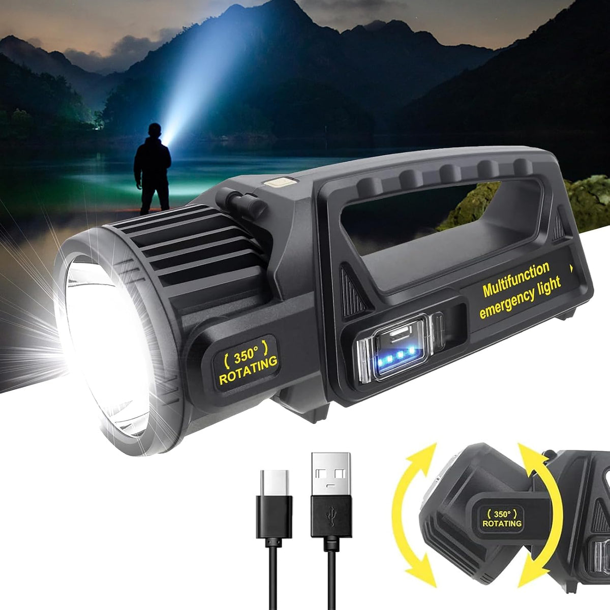 LETOUR Rechargeable LED Torch, 350000 Lumens Powerful Torches Spotlight with 350° Rotate Head, 3000mAh Super Bright Seachlight Flashlight Torch 9 Modes, IPX6 Waterproof Solar Troch for Emergencies MegaBDM