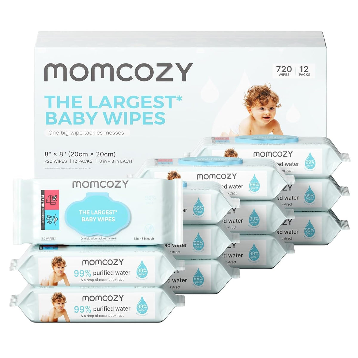 Momcozy Baby Wipes 720 Count (12 Packs) | Large 8" x 8" Size, Thick 3D Textured Fabric, 99% Water-Based, Unscented & Hypoallergenic MegaBDM