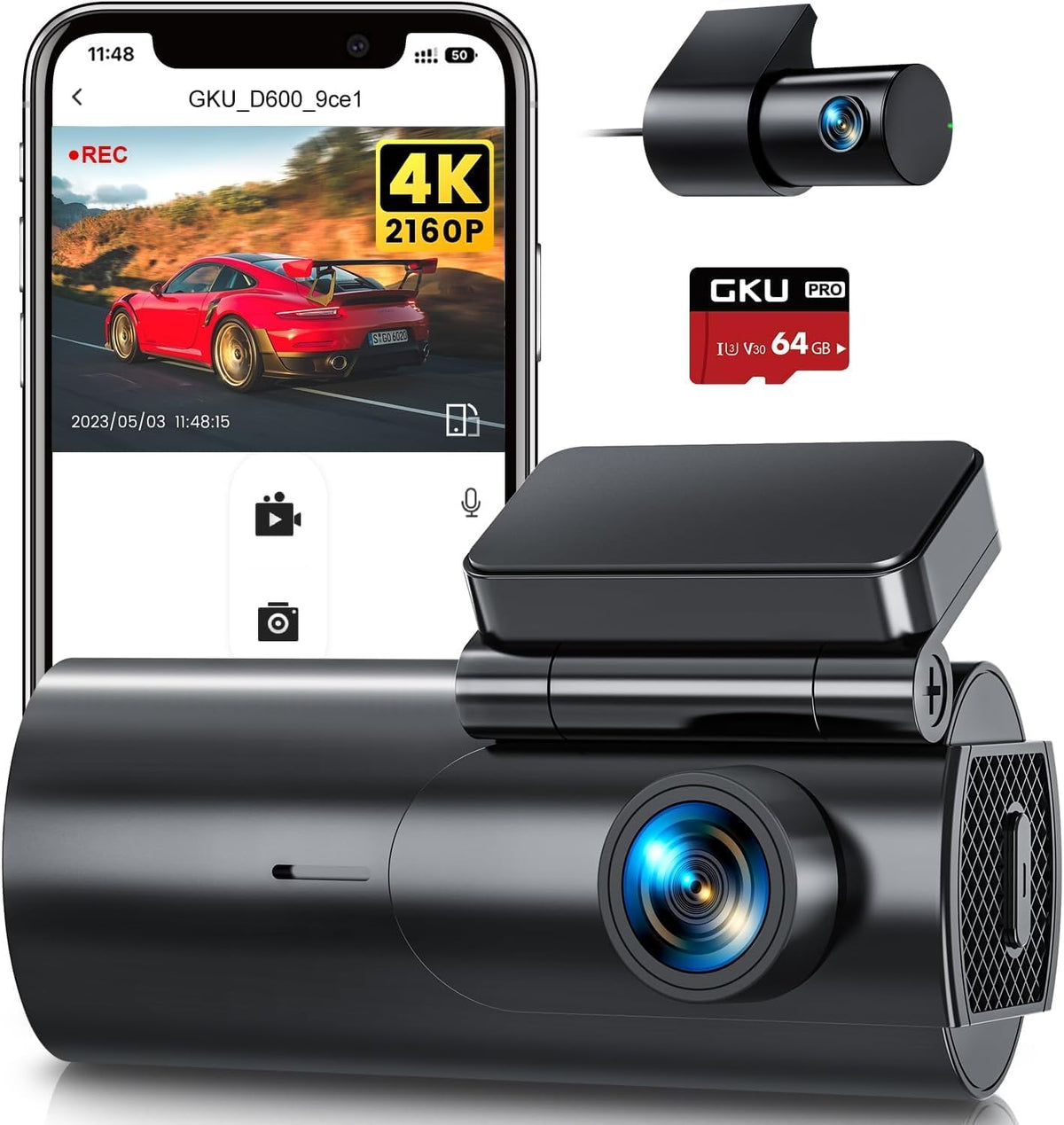 GKU 4K Dash Cam Front and Rear, 5GHz WiFi Dashcam with 64GB SD Card, Dual Car Camera Dash Cam with Parking Monitor, Night Vision, WDR, 170° Wide Angle, G-Sensor, Loop Recording, APP Control, Max 256GB MegaBDM