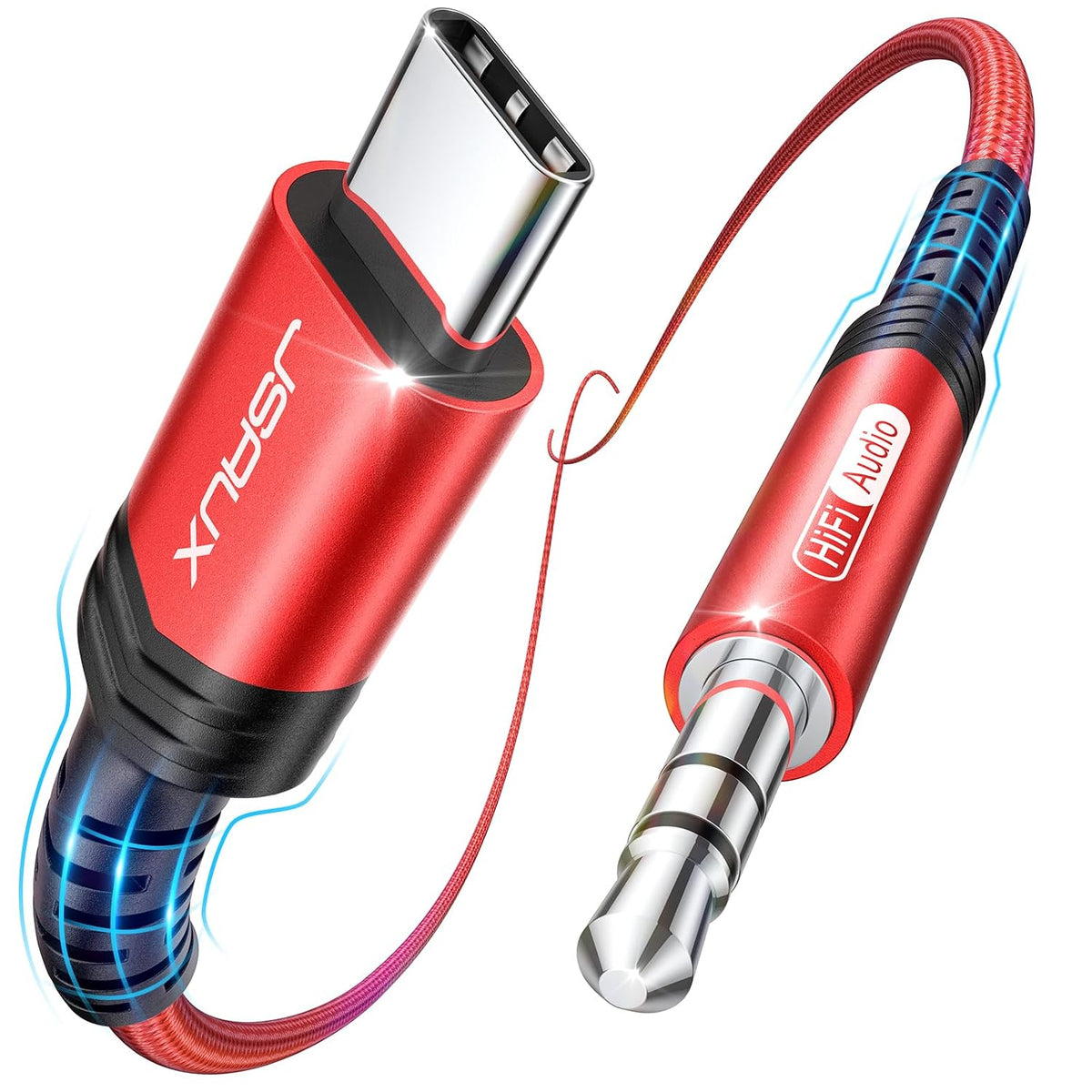 JSAUX USB C to 3.5mm Jack Audio Aux Cable [1M], Aux to USB C Headphone Type C Male Car Stereo Cord Adapter Compatible with iPhone 17 Air/16/15 Pro Max, Galaxy S25 S24 S23 Ultra, iPad Pro, Pixel-Red MegaBDM