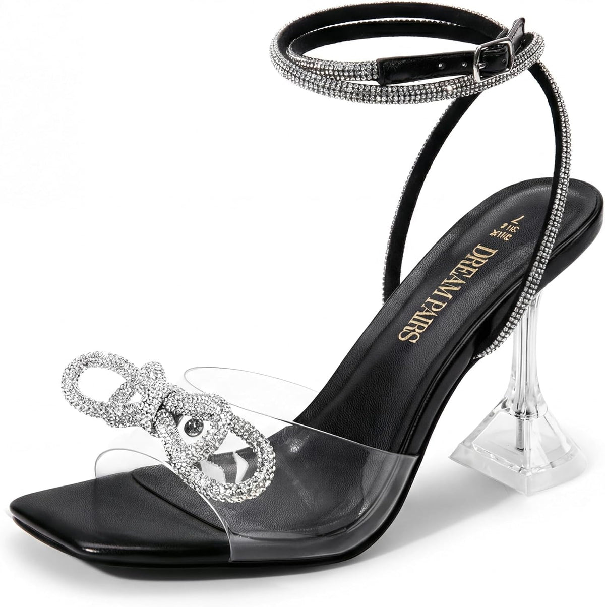 DREAM PAIRS Stiletto Bow Heels for Women Strappy Sparkly Rhinestone Square Toe Clear Crystal High Sandals for Party Wedding MegaBDM