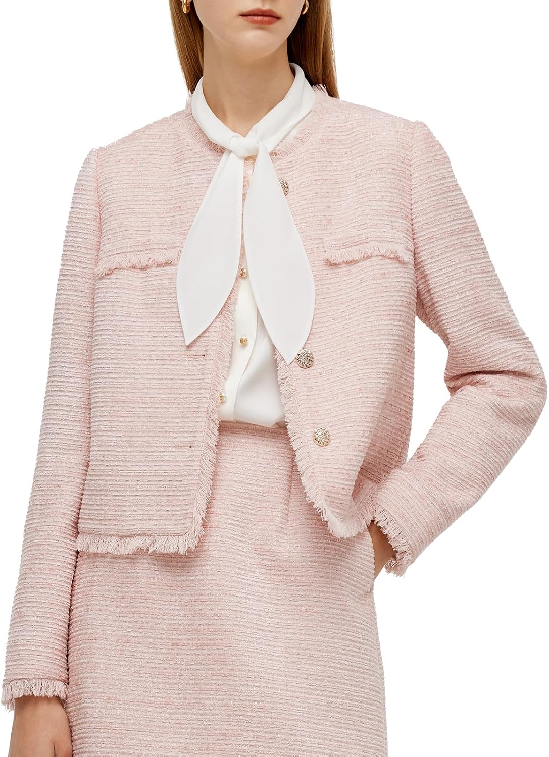 GOELIA Womens Pink Tweed Blazers Business Casual Knit Blazer Cropped Jacket for Women MegaBDM