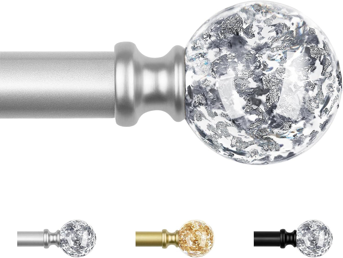 KAMANINA Silver Curtain Poles for Eyelet Curtains, Adjustable Curtain Pole 80 to 365 cm, 19 mm Diameter Single Curtain Rod with Round Translucent Finials, Brackets MegaBDM
