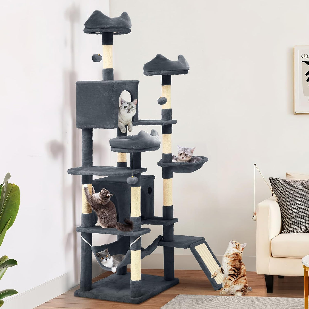 YITAHOME Tall Cat Tree for Indoor Cats, 190CM Multi-Level Cat Tower with Sisal Scratching Posts & Ramp, Plush Perches, Hammock, Spacious Condos, Cat Activity Center for Kittens, Dark Grey MegaBDM