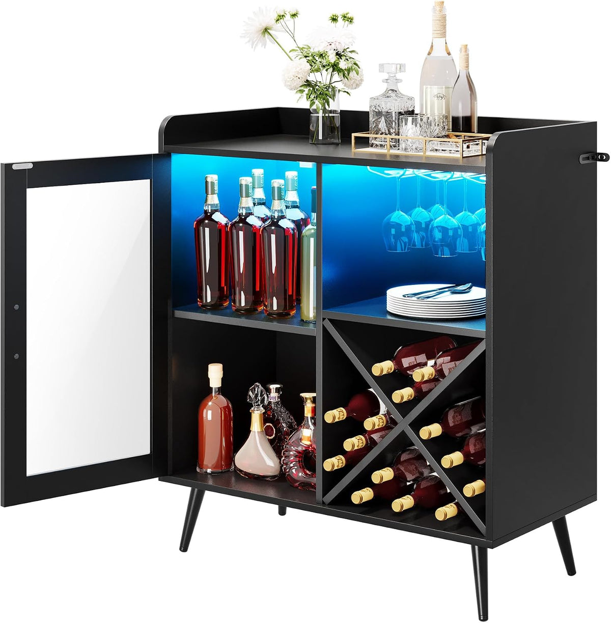 YITAHOME Small Bar Cabinet with LED Lights, Acrylic Door & Wine Rack, Coffee Bar with Cup Holders, Sideboard for Home Bar, Dining Room, Living Room, or Kitchen, Black MegaBDM