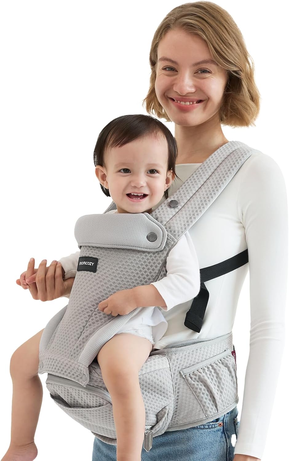 Momcozy Baby Carrier with Hip Seat, 2-in-1 Forward-Facing Carry for Active Babies, Detachable Hands-Free Carrier up to 20kg, Breathable Infant Carrier Fits Waist Sizes up to 120cm, AirMesh Grey MegaBDM