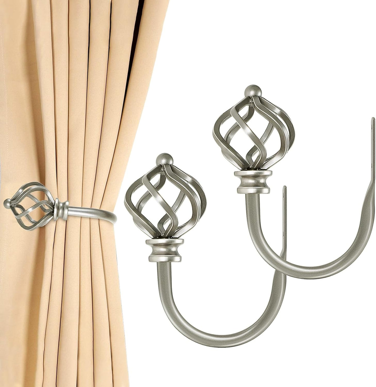 KAMANINA 2 Pack Antique Silver Curtain Holdbacks, U Form Wall Mounted Curtain Tiebacks, Decorative Curtain Drapery Holdback with Twisted Cage Finials for Fixed Curtain or Hanging Items MegaBDM