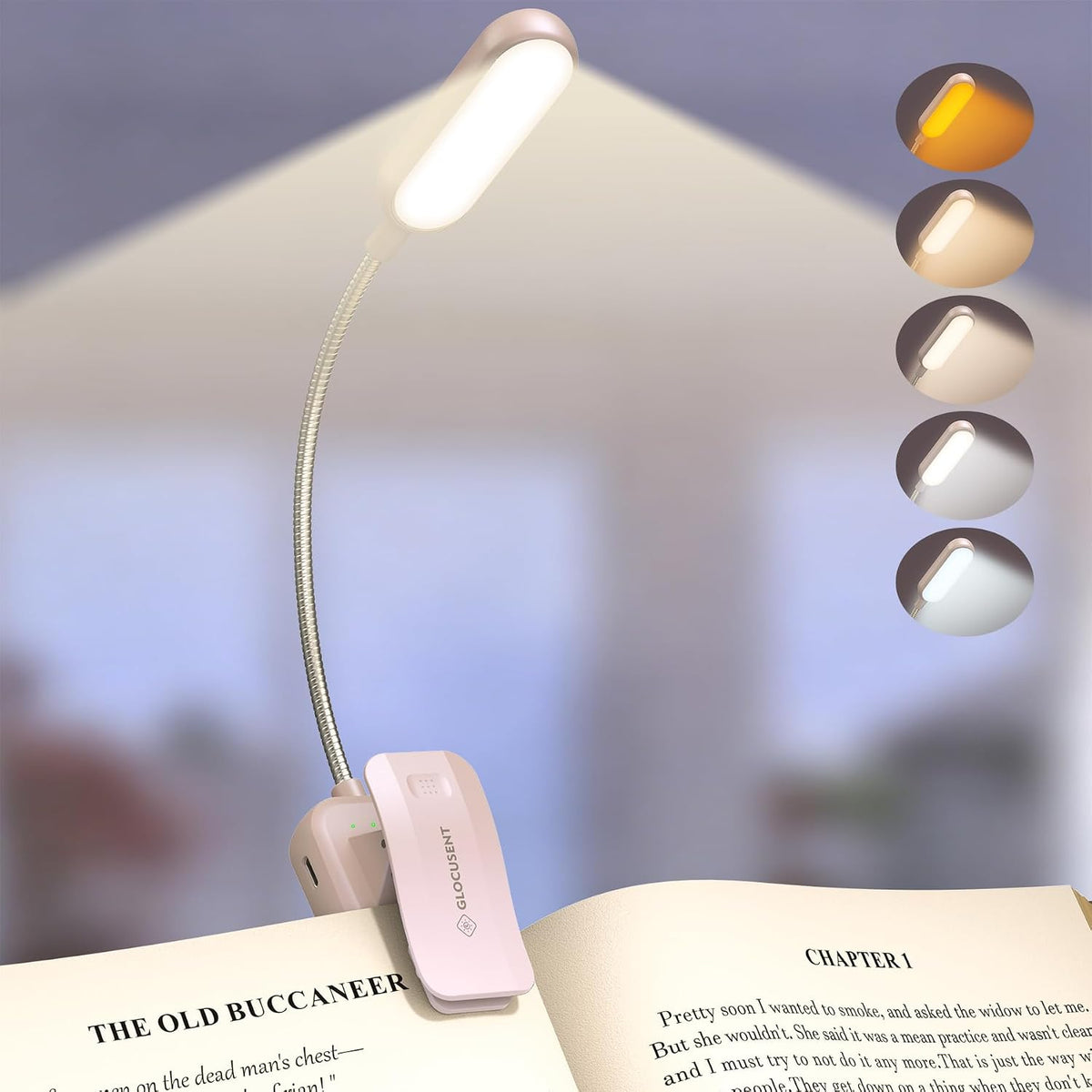 Glocusent 20 LED Reading Light, Book Light 5 Eye-Protecting Modes Book Lamp - Stepless Dimming, Rechargeable, Long Battery Life, 4-Level Power Indicator, Flexible Clip on Book Light (Pink) MegaBDM