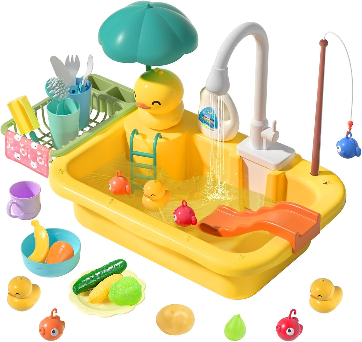 cute stone Play Sink with Running Water, Kitchen Toys Upgraded Electric Faucet, Food Toys, Pool Floating Fishing for Water Play, Kids Role Dishwasher Toy Gift Boys Girls, Yellow (CS606005) MegaBDM