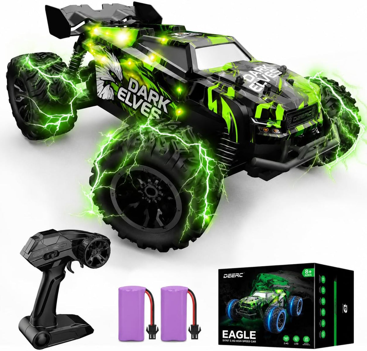 DEERC Remote Control Car, 2.4Ghz Glowing RC Cars W/ 2 Rechargeable Batteries for 40 Min Play, All Terrain Off-Road Monster Truck Toys for Boys Kids Age 4-7 8-12 Birthday Xmas Gift MegaBDM