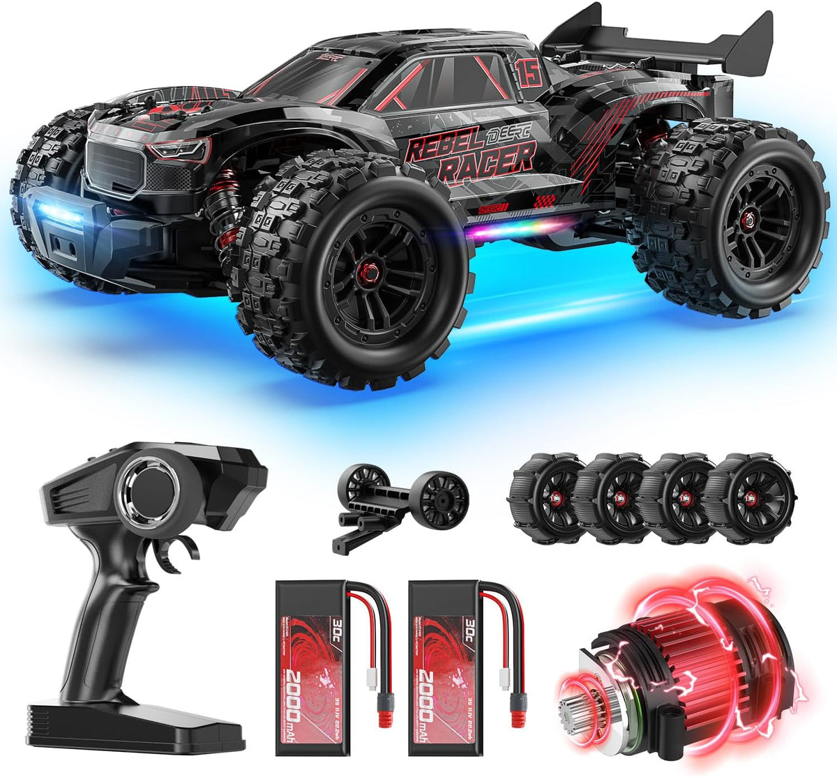 DEERC 1:14 Fast Brushless RC Car for Adults, Max 46+ mph Off-Road Truck, 2 * 3S Lipo 4WD Waterproof, 7 Lighting Modes High Speed Remote Control, All Terrain Truggy for Snow, Sand & Mud MegaBDM