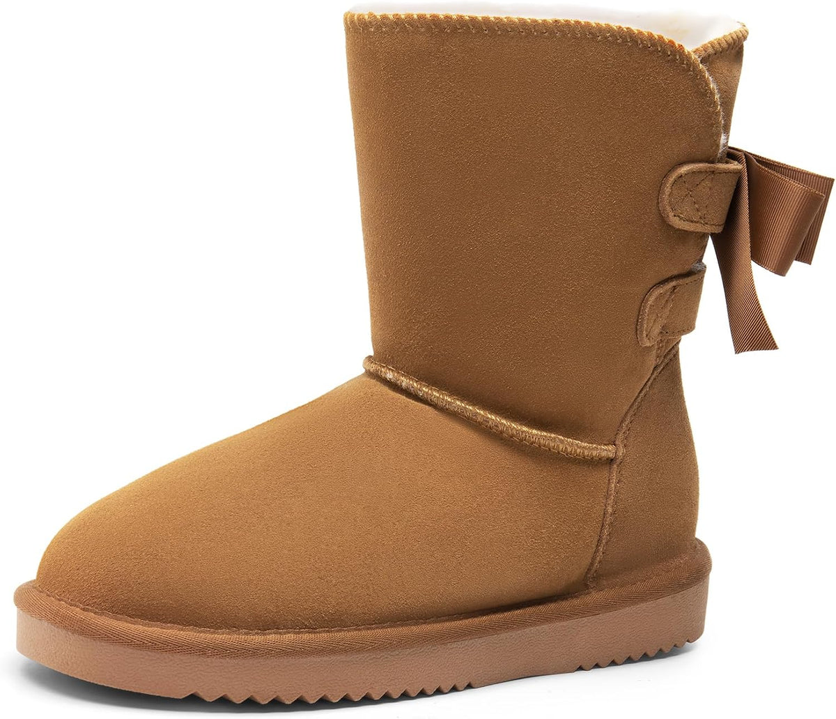 DREAM PAIRS Women's Winter Snow Boots FuzzyChic Bow Genuine Suede Leather Faux Fur Lining Memory Foam Warm Winter Short Booties for Outdoor Indoor MegaBDM