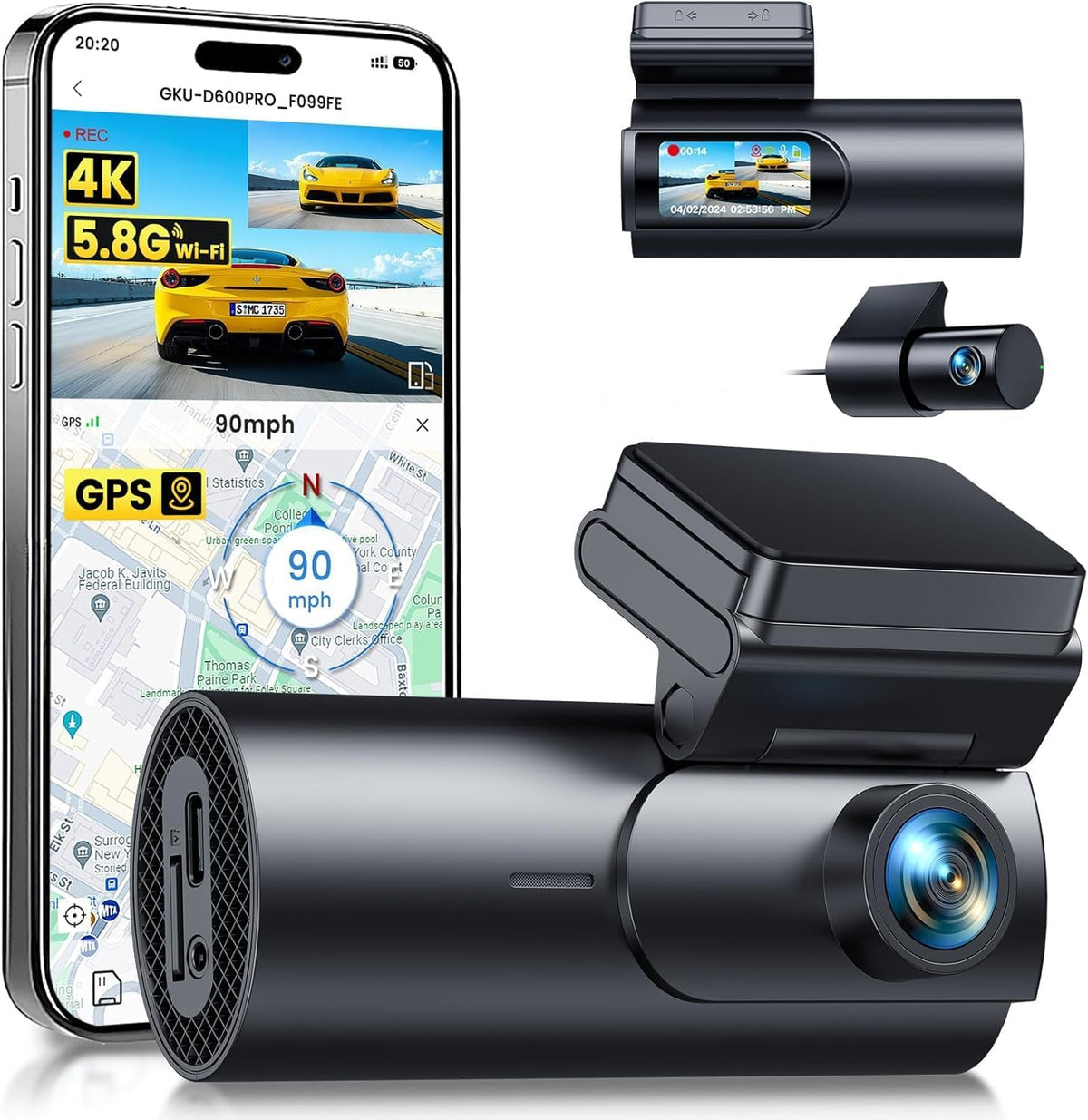 GKU 4K Dash Cam Front and Rear, 5GHz WiFi GPS, Dual Car Camera, 1.5” IPS | Mini Dashcam for Cars, 24H Parking Mode, Night Vision,WDR,170° Wide Angle,G-Sensor,App Control,SD Card Not Included MegaBDM