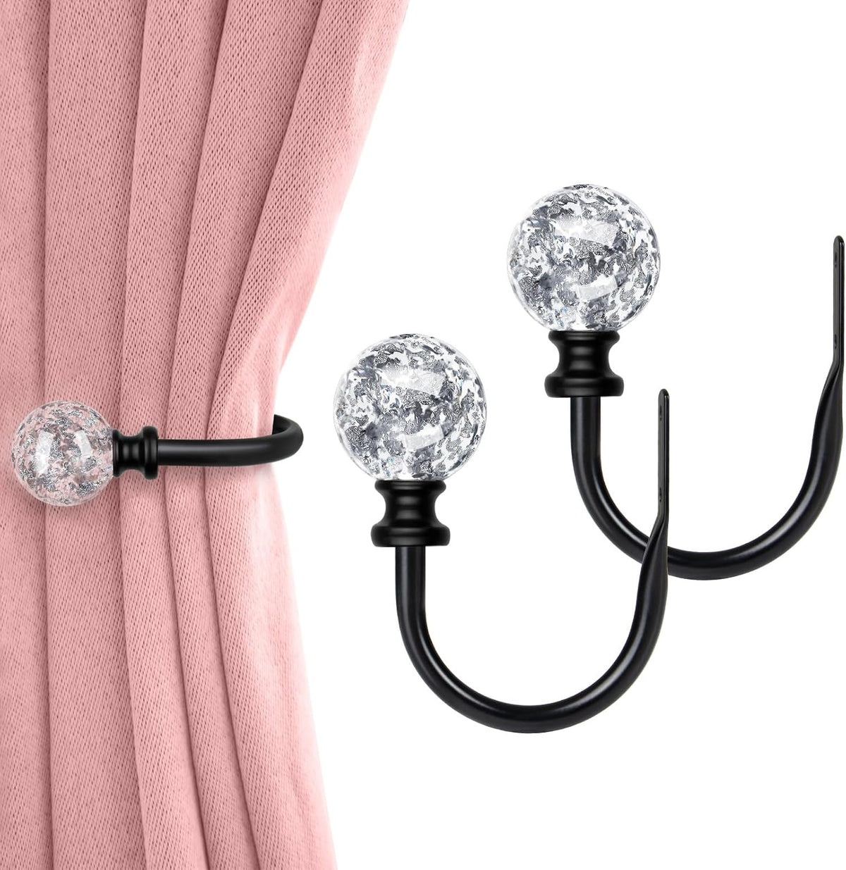 KAMANINA Black Curtain Holdbacks 2 Pack, U Form Crystal Decorative Curtain Holdback, Wall Mounted Curtain Tieback Hooks for Fixed Curtain or Hanging Items MegaBDM