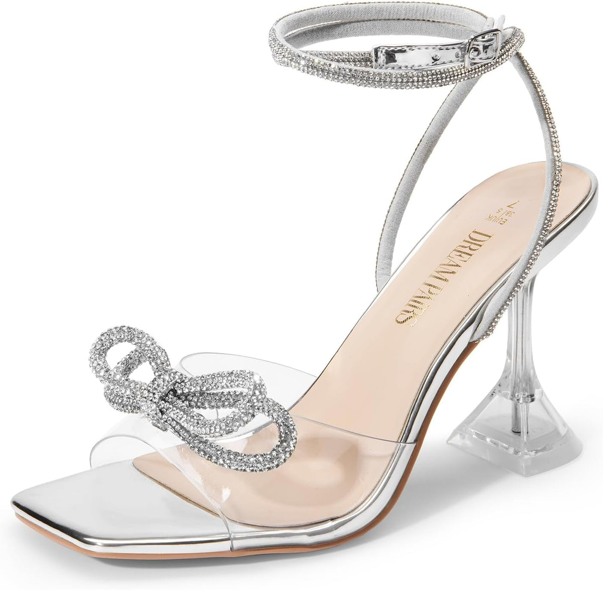 DREAM PAIRS Stiletto Bow Heels for Women Strappy Sparkly Rhinestone Square Toe Clear Crystal High Sandals for Party Wedding MegaBDM