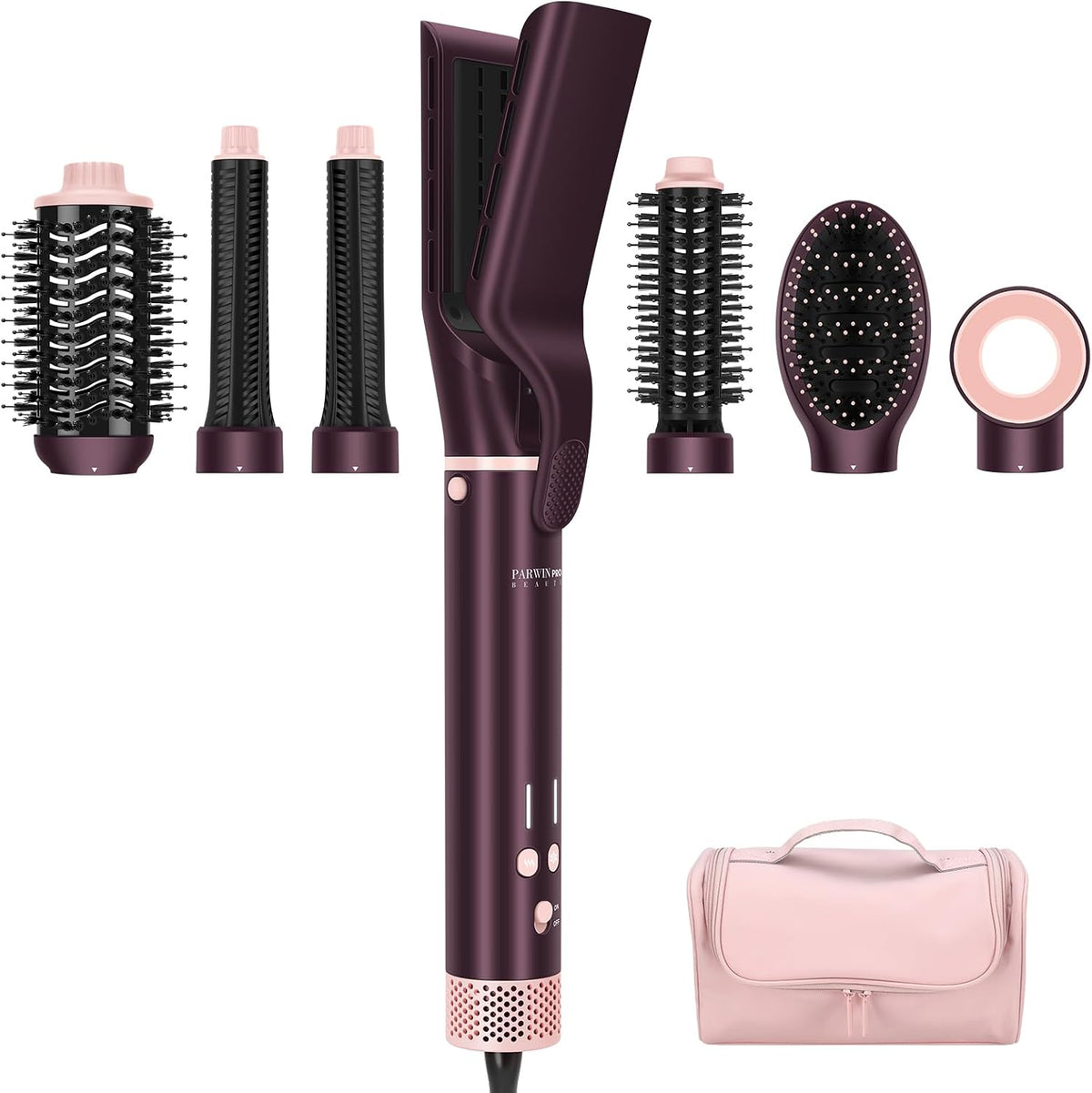7-in-1 Hot Air Styler, Dual Voltage MaxAIR 2.0 Multi-Styler Set, High Speed Hair Dryer Brush with Air Hair Straightener, 28mm Auto-Wrap Curlers (Jasper Plum) MegaBDM
