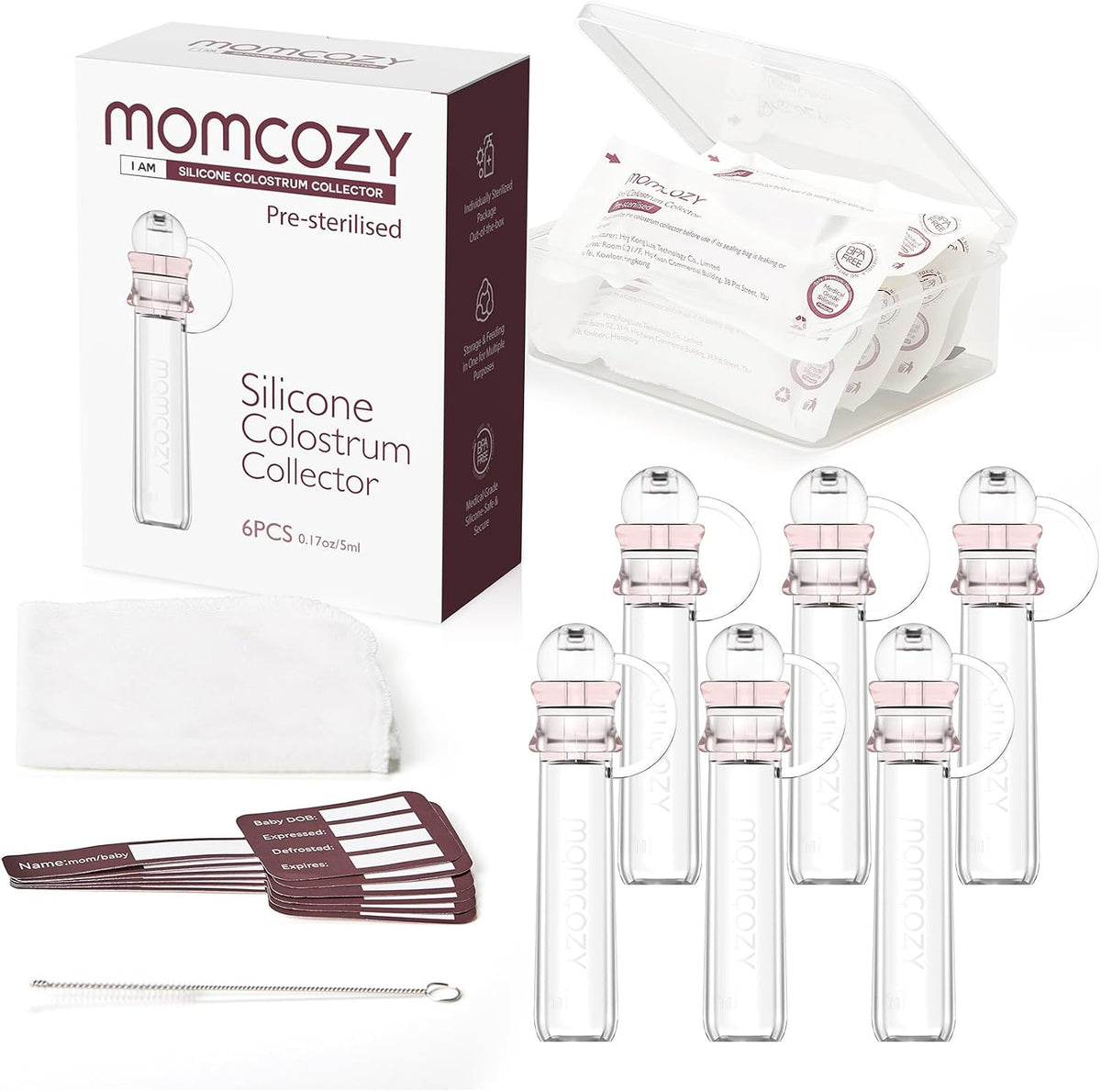 Momcozy Colostrum Collector Reusable Breast Milk Collector with Storage Case and Cotton Wipe, Portable Colostrum Container BPA Free, Multi-Use Collector 5ml-6pcs MegaBDM