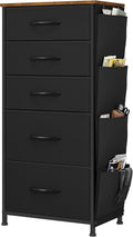 YITAHOME Chest of Drawers, Dresser with side pockets & hooks, Fabric 5 Drawers with Handles, Metal Frame, Wood Top, for Bedroom,Living Room,Hallway, Black MegaBDM