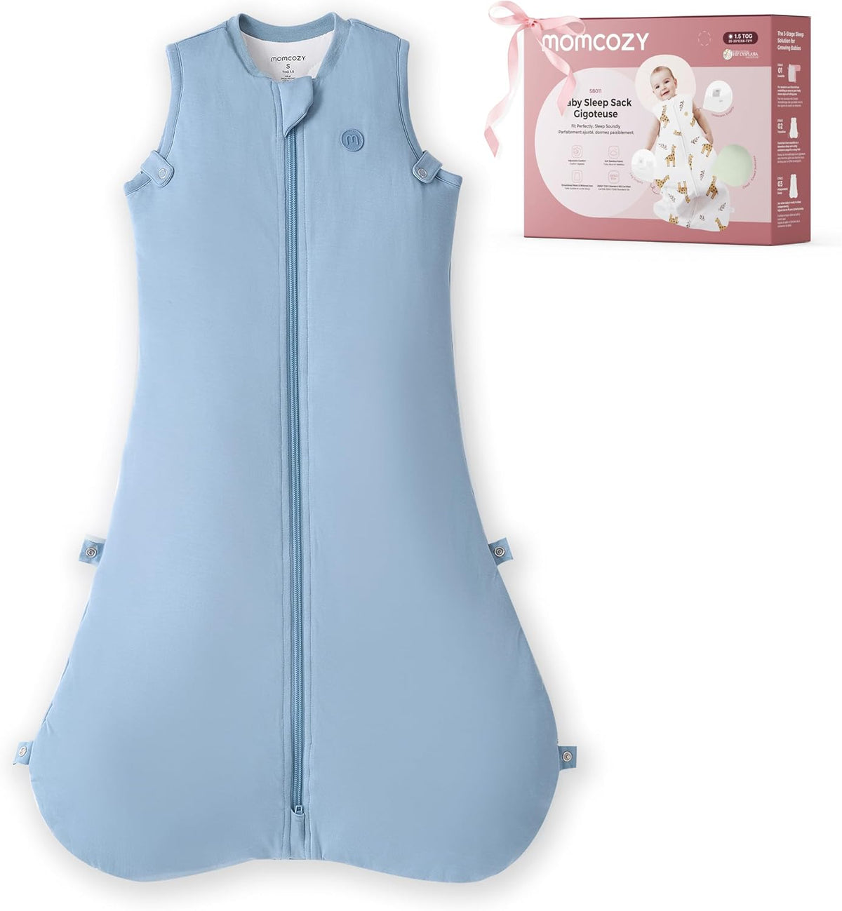 momcozy Baby Sleeping Bag 0-6 Months, 1.5 TOG Sleep Sack with Snap-Fit Adjustable Design, Two-Way Zip, Soft Bamboo Fabric, Blue, S MegaBDM
