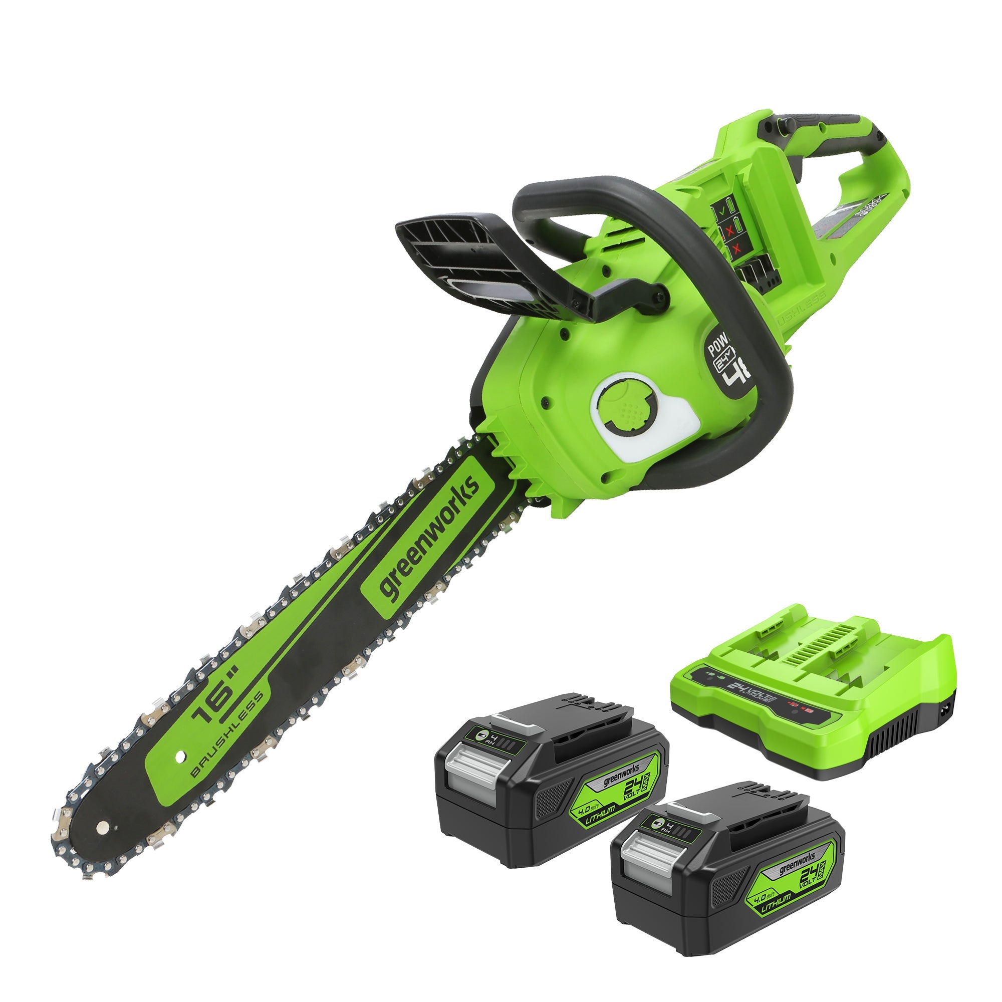 48V (24V x 2) 16" Cordless Battery Chainsaw: (2) 4.0 Ah USB Batteries and Dual-Port Charger
