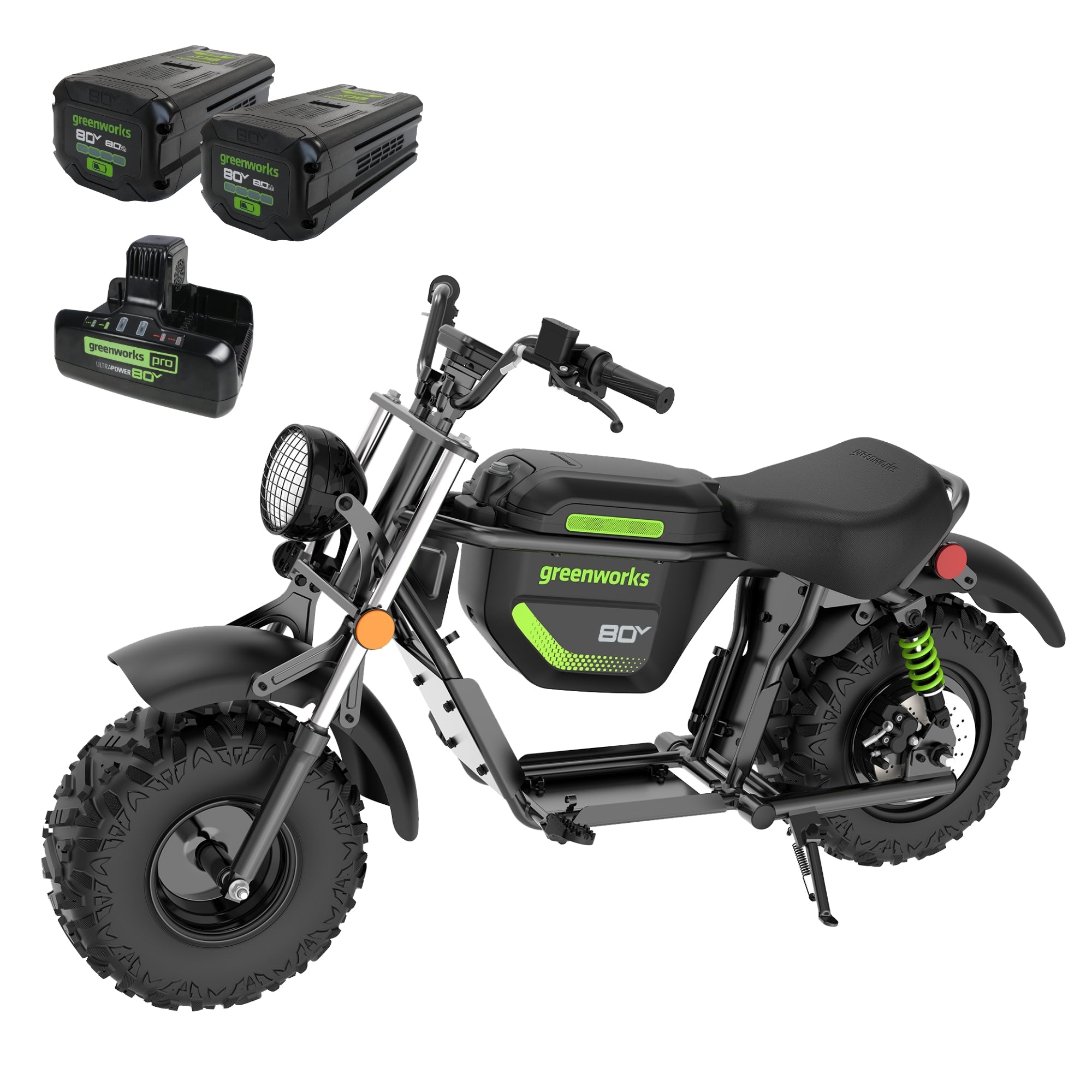 80V STEALTH Series Electric Mini-Bike: (2) 8.0 Ah Batteries and Dual-Port Rapid Charger