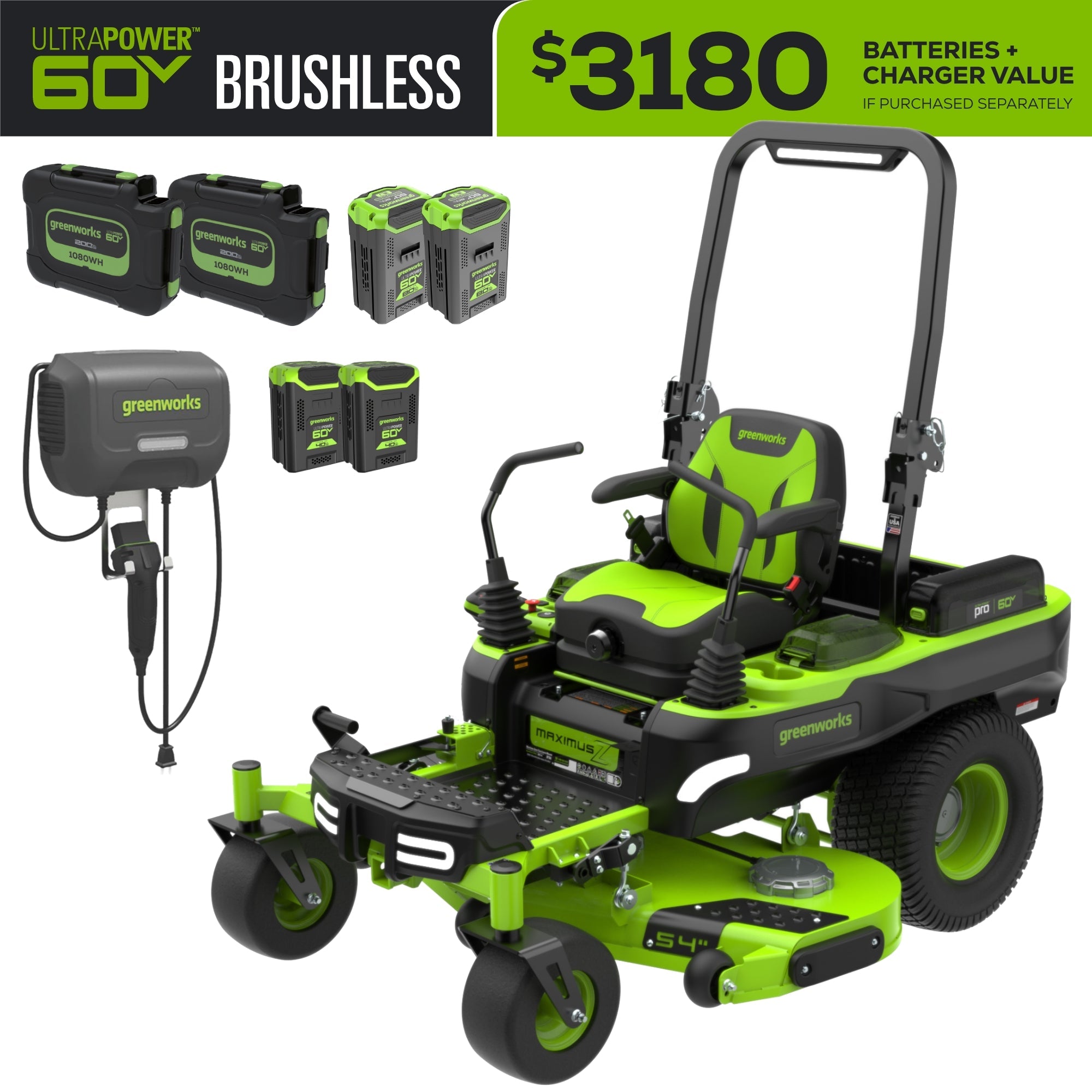 60V 54" MaximusZ Zero Turn Riding Mower: (2) 20.0 Ah (2) 8.0 Ah and (2) 4.0 Ah Batteries and 1.5kW Charger, MZ5461 MegaBDM