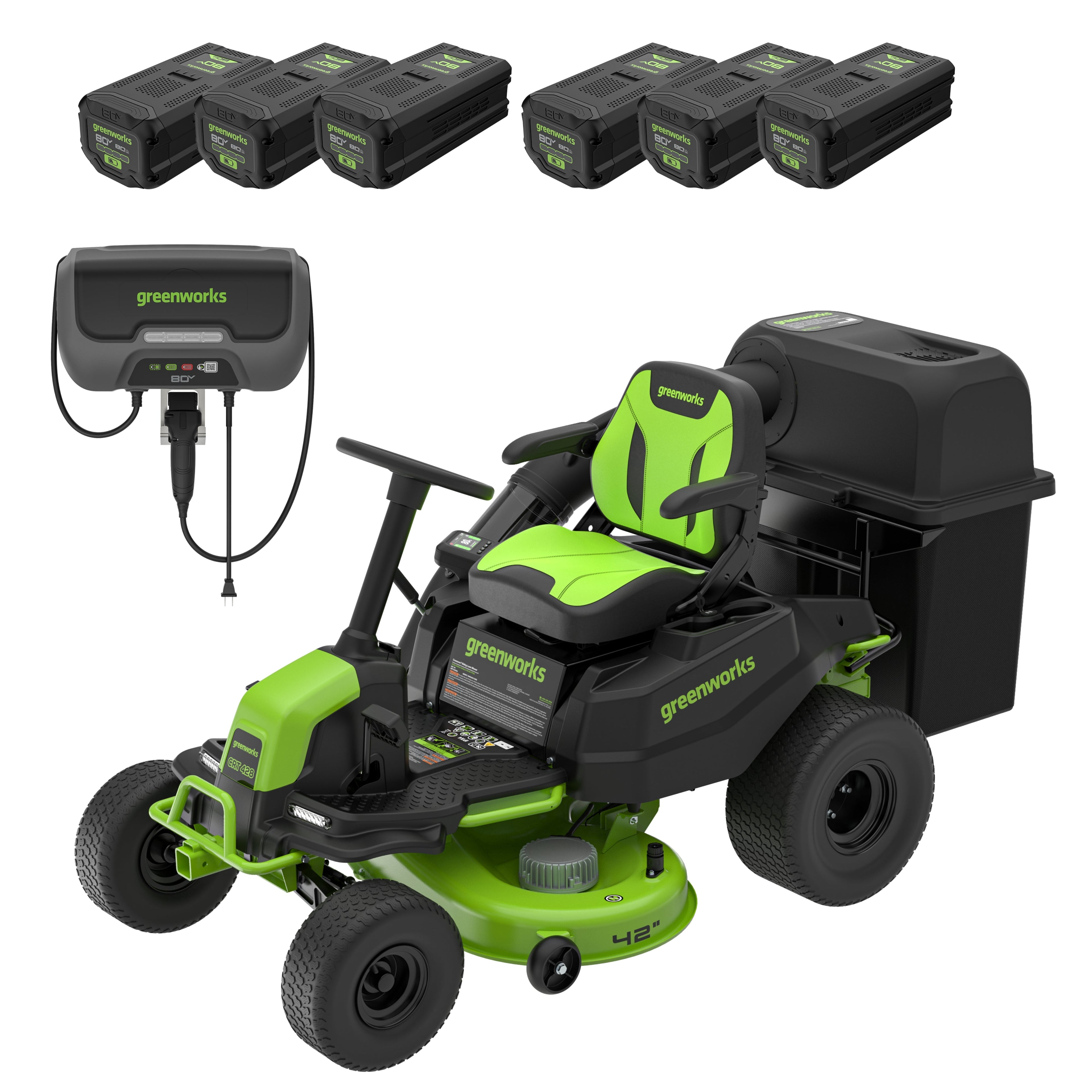 80V 42" CrossoverT Riding Lawn Tractor:(6) 8.0 Ah Batteries and 1.5 kW Charger, CRT4282 MegaBDM