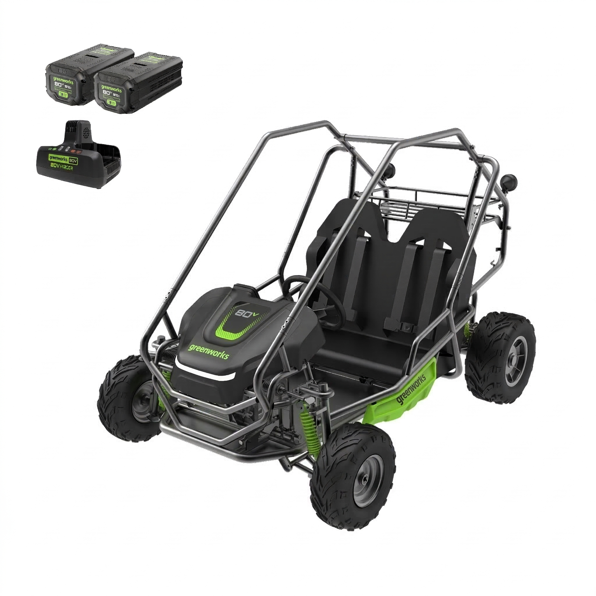 80V All-Terrain 2-Seat Electric Youth Go-Kart: (2) 8Ah Batteries and Dual-Port Charger MegaBDM