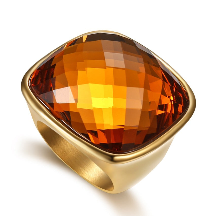Women's High-grade Square Elegant Gemstone Stainless Steel Rings - Champagne Gold / Beautiful Circumference 6# MegaBDM