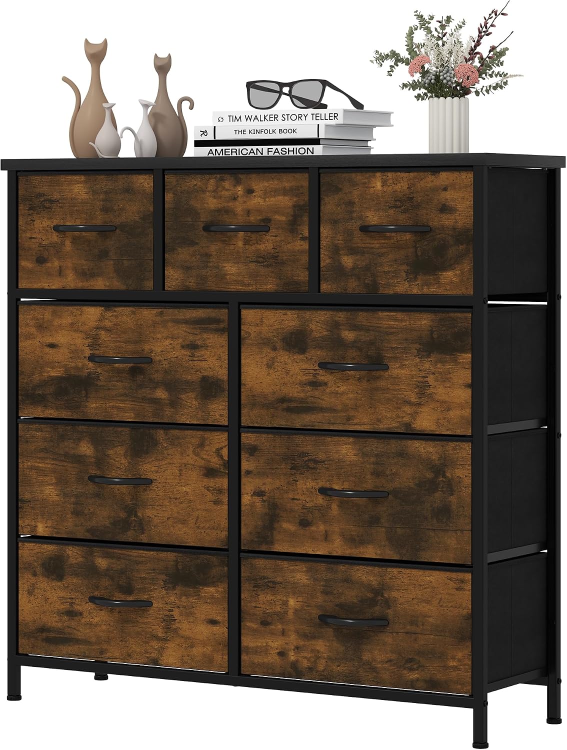 YITAHOME Wide Chest of Drawers with 9 Drawers, Fabric Dressers with Easy Pull Handle,Sturdy Steel Frame,Storage Drawers for Bedroom, Closet, Clothes,Rustic Brown MegaBDM