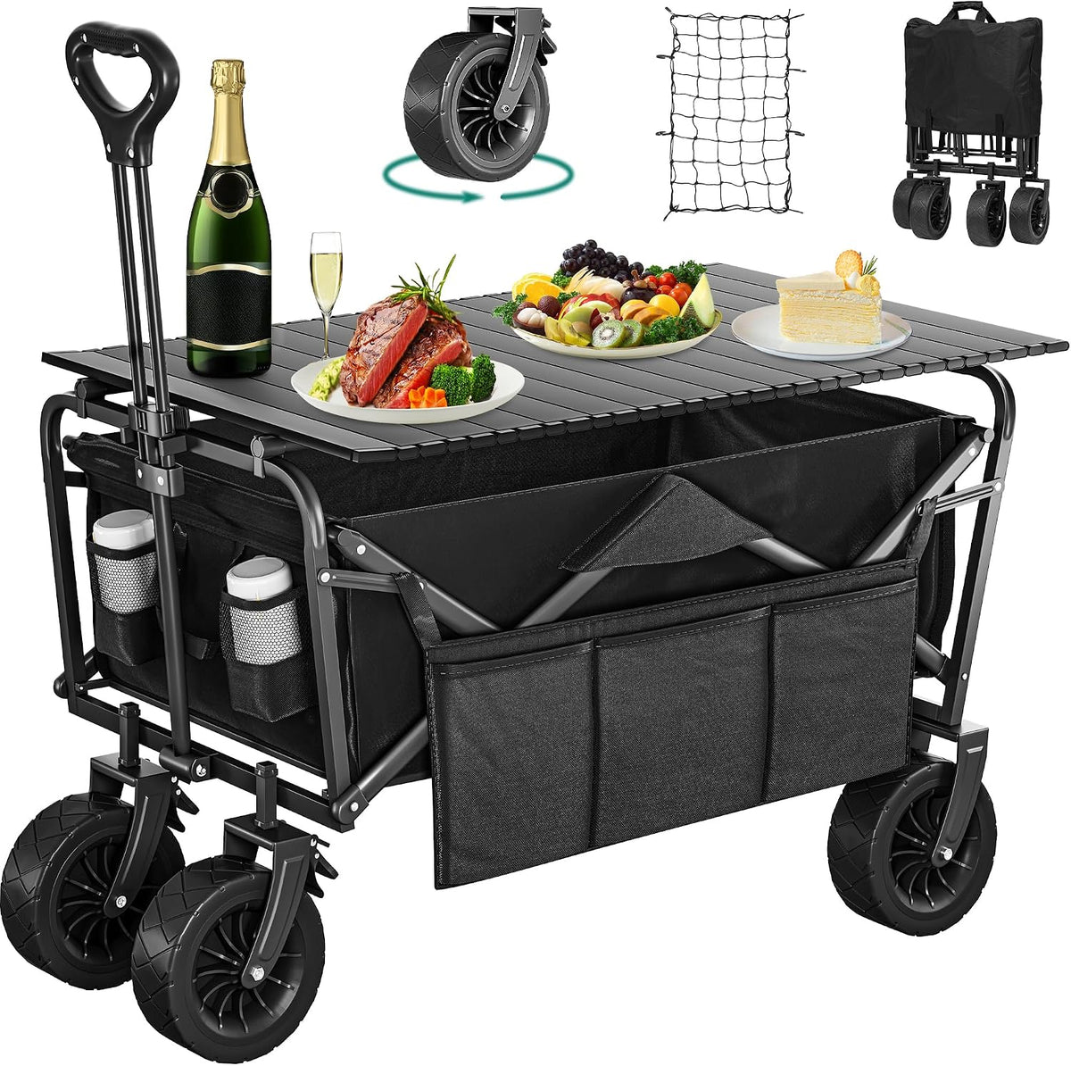 YITAHOME Beach Trolley with Big Universal Wheels, Folding Wagon with table 2 Drink Holders, Large Capacity 220 lbs Adjustable Handle Height, Festival Trolley for Outdoor Garden Picnics (Black) MegaBDM