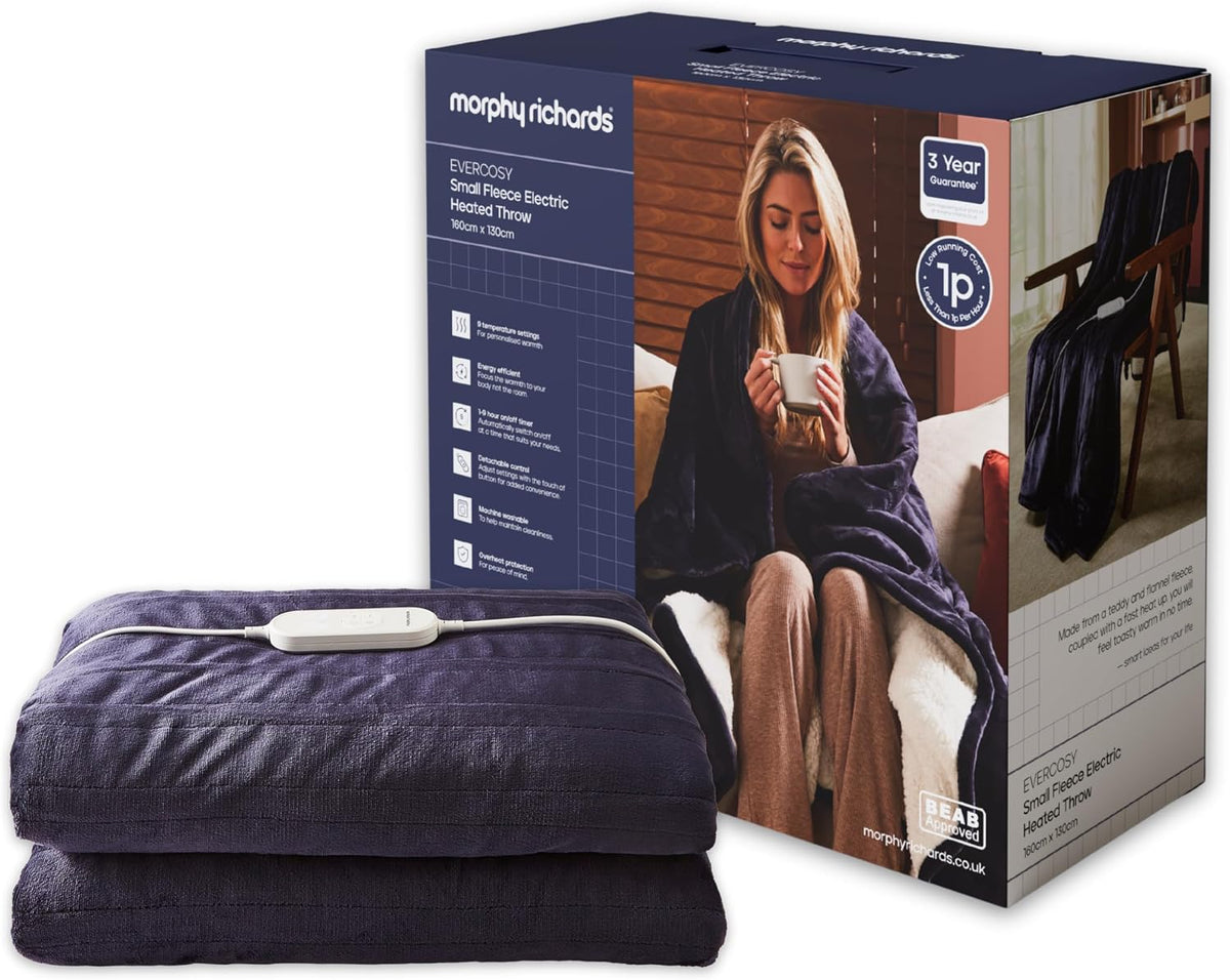 Morphy Richards EverCosy Fleece Electric Heated Throw Small, 160x130cm, 9 Heat Settings, Detachable, Teddy Fleece and Flannel Fleece, Overheat Protection, 610002, Navy MegaBDM