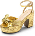 DREAM PAIRS Women's Chunky Platform Heels Sandals Pleated Bow Knot Ankle Buckle Strap Heeled Sandals Open Toe Comfortable Wedding Party Dress Shoes MegaBDM