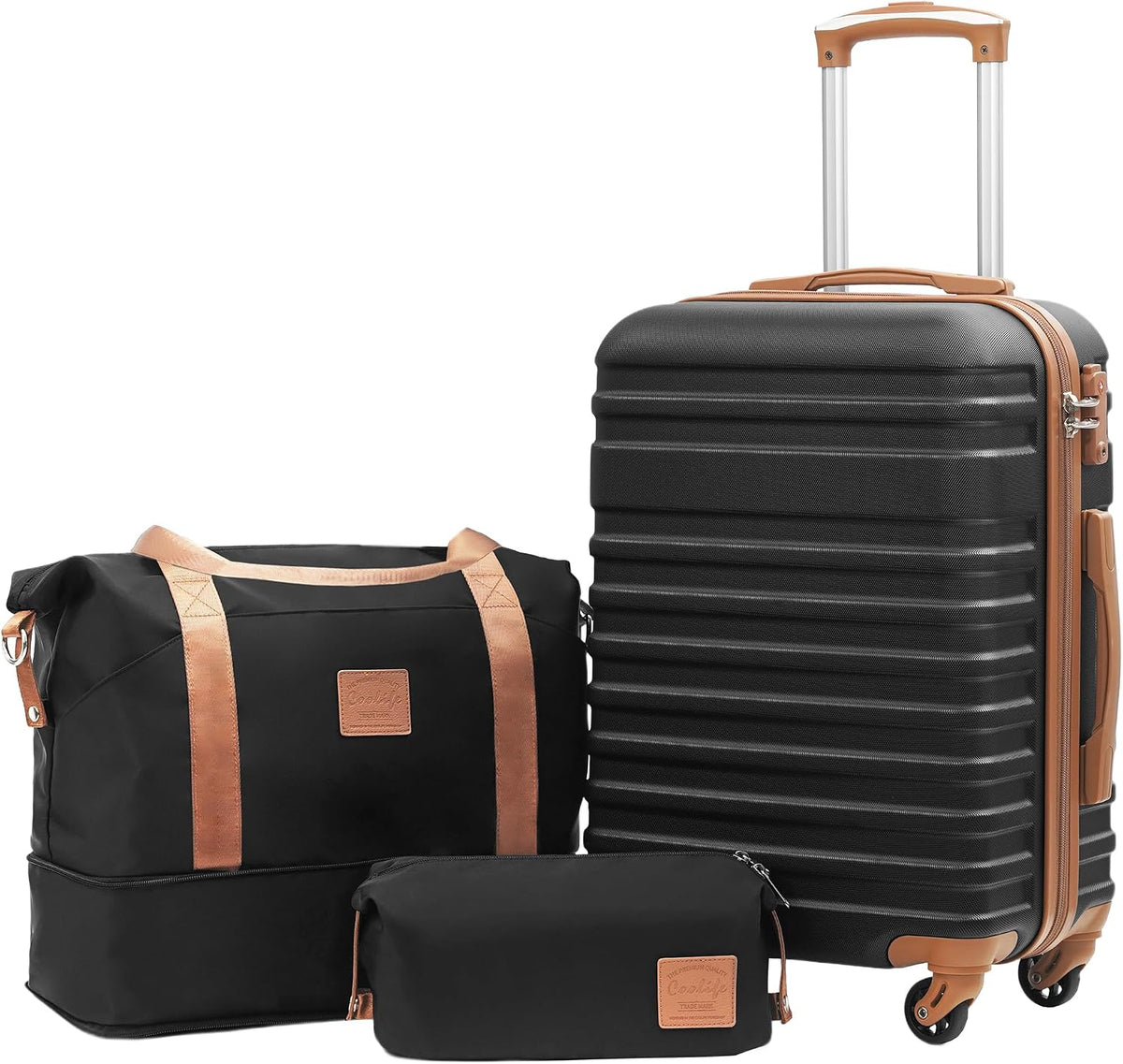 COOLIFE Suitcase Set 3 PCS - 20" Hard Shell Lightweight ABS Luggage + Travel Bag & Toiletry Bag, Small Suitcase Carry on with TSA Lock, 4 Wheels for Travel, Airline & Cruise, Business Trip Black/Brown MegaBDM