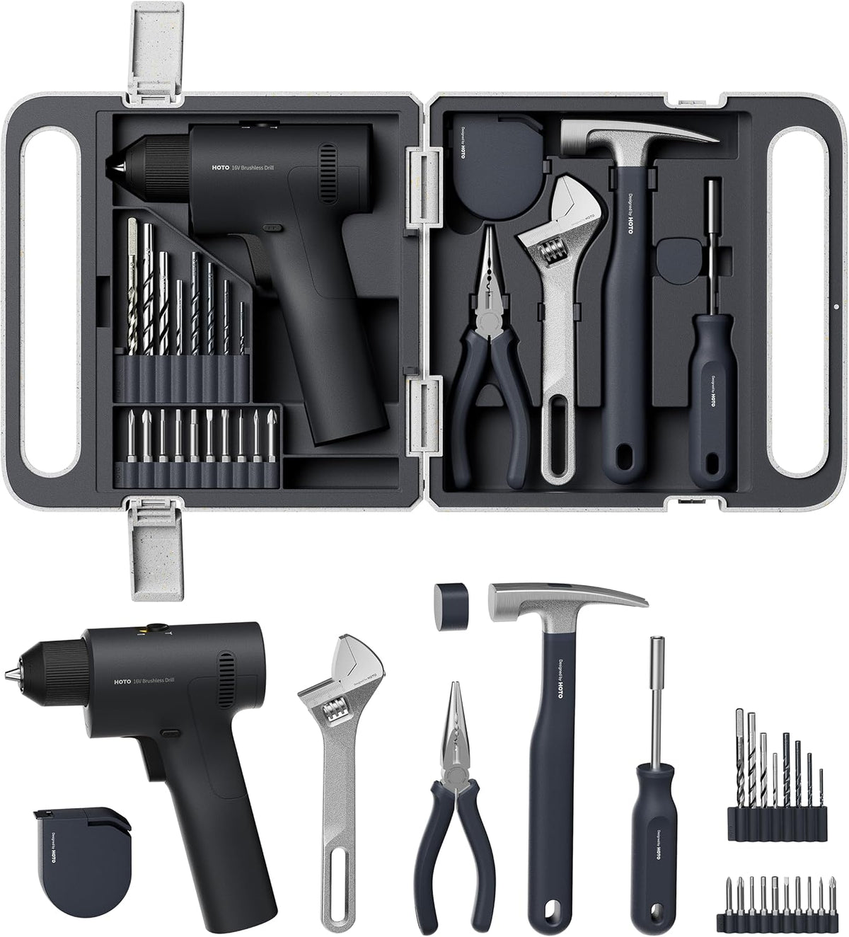 HOTO 25PCS Household Tool Kit with 16V Brushless Drill, Smart Display, 50 N·m Torque, 32 Torque Settings, USB-C Charging, LED Light, Includes Hammer, Wrench, Pliers, 8 x Drill Bits, 10 x Bits MegaBDM