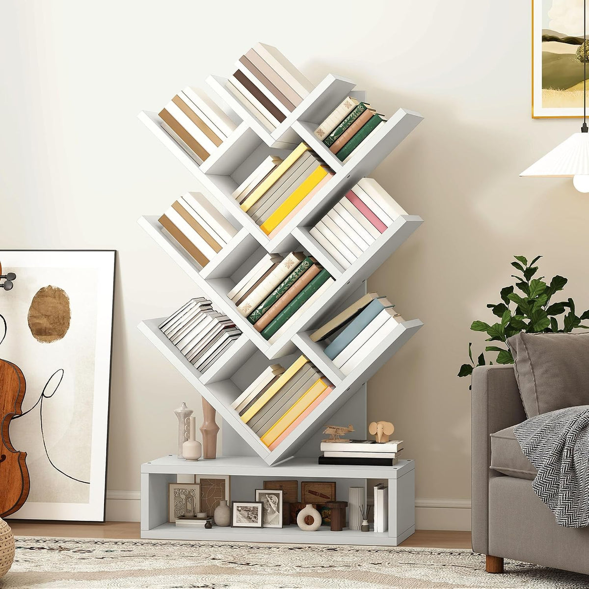 YITAHOME Tree Bookshelf, Wider Tree Bookcase, Modern Wood Book Shelf Industrial Freestanding Corner Shelf for Books/Movies/CDs, Narrow Display Rack for Living Room, Home Office, Wood MegaBDM