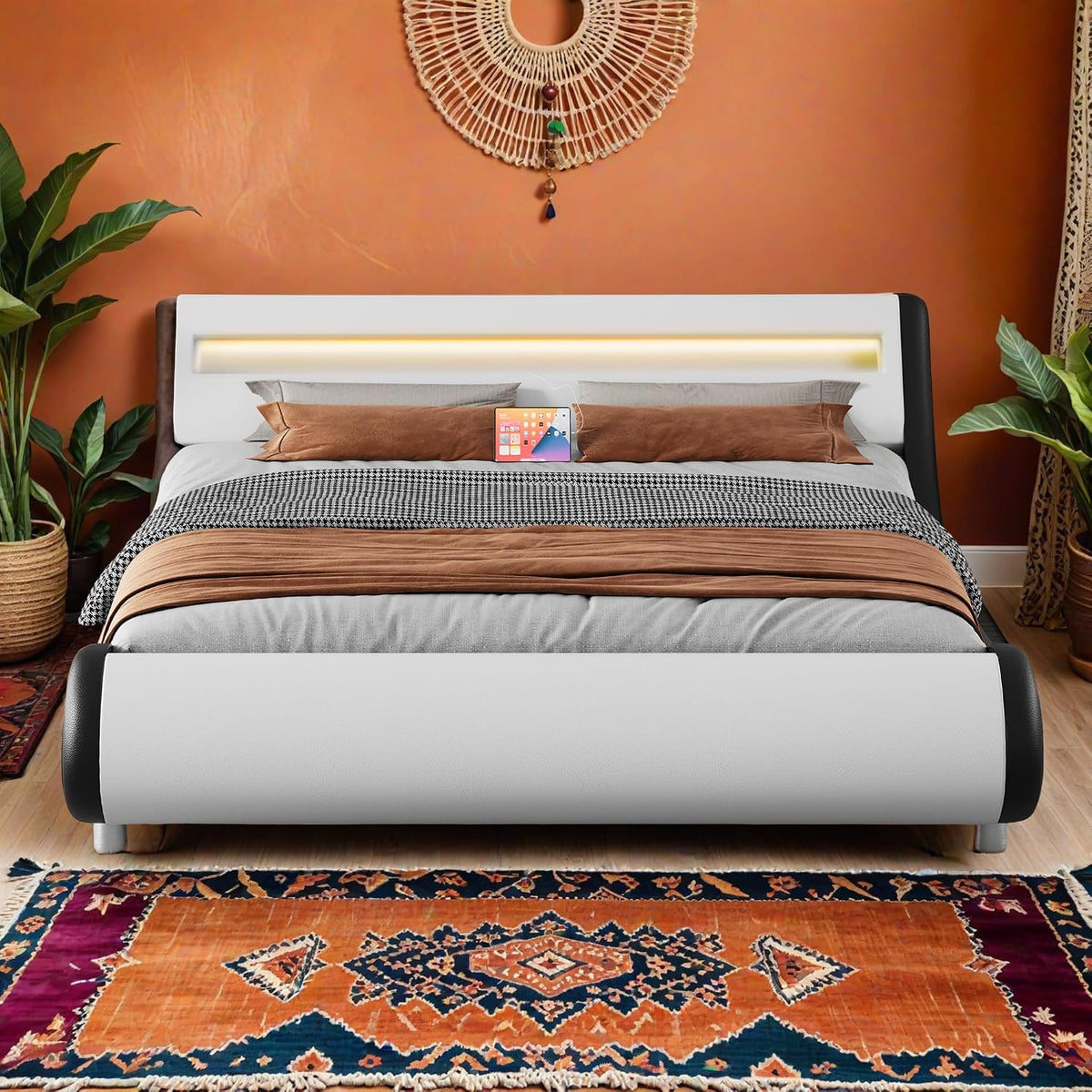 YITAHOME King Size Bed Frame,Upholstered Led with Lights & Storage Charging Station,Platform Bed Frame with Pu Leather/No Box Spring Needed,White MegaBDM