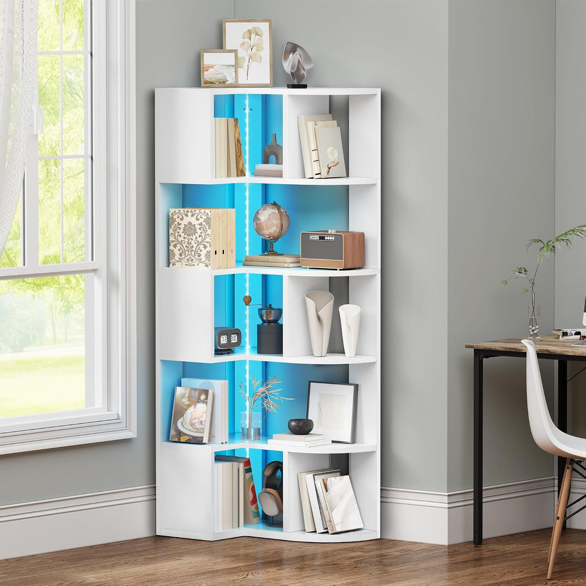 YITAHOME 6 Tier corner bookcase with LED, L shaped bookshelf, corner shelf unit, Floor Standing book shelf Display storage shelves for Office, Study, Living Room, Bedroom, 64 x 41.5 x 159.5 cm, White MegaBDM