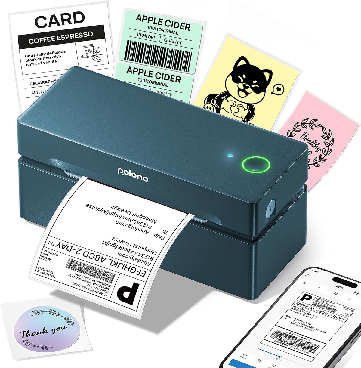 POLONO Bluetooth Thermal Shipping Label Printer, Wireless 4x6 Shipping Label Printer for Small Business, Support iOS, Android, Windows and Mac, Compatible with Amazon, Ebay, Shopify, Etsy, USPS (Blue) MegaBDM