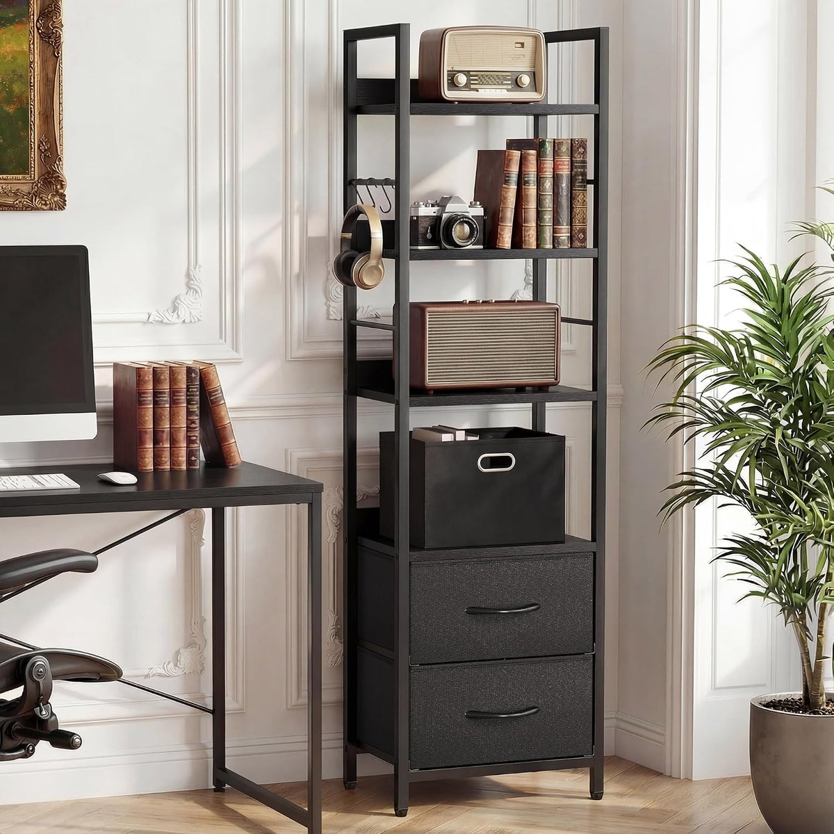 YITAHOME Industrial Bookshelf, 4-Tier Bookcase with Adjustable Shelves & 2 Fabric Drawers, Freestanding Display Shelf with Metal Frame for Living Room, Bedroom, Office, Black MegaBDM