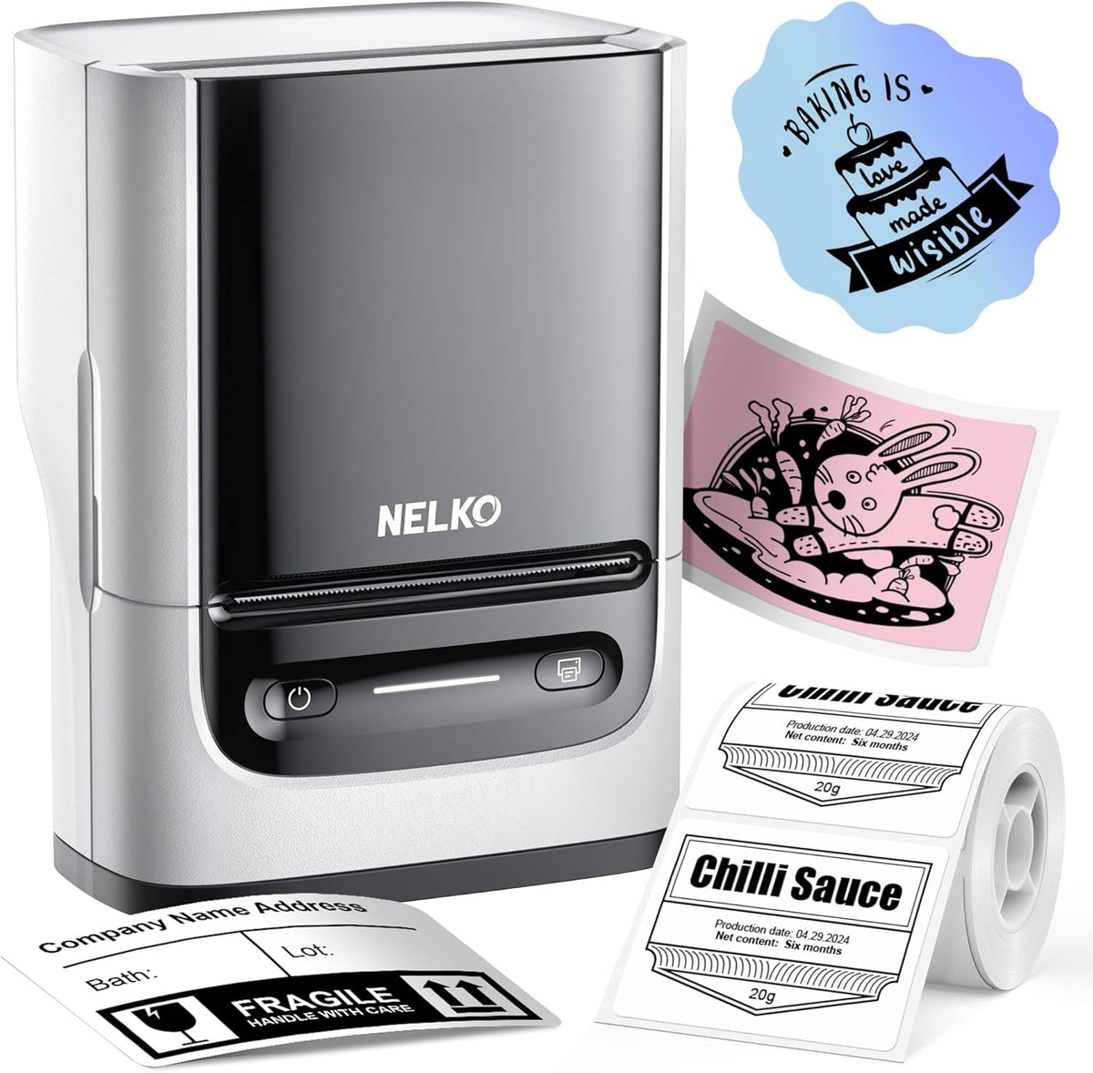 Nelko PM220 Bluetooth Thermal Label Printer, 2 Inch Portable Label Maker Machine for iOS & Android Phone, sticker printer for Clothing, Retail, Address, Barcode, Home, with 1 Roll 40x30mm（White） MegaBDM