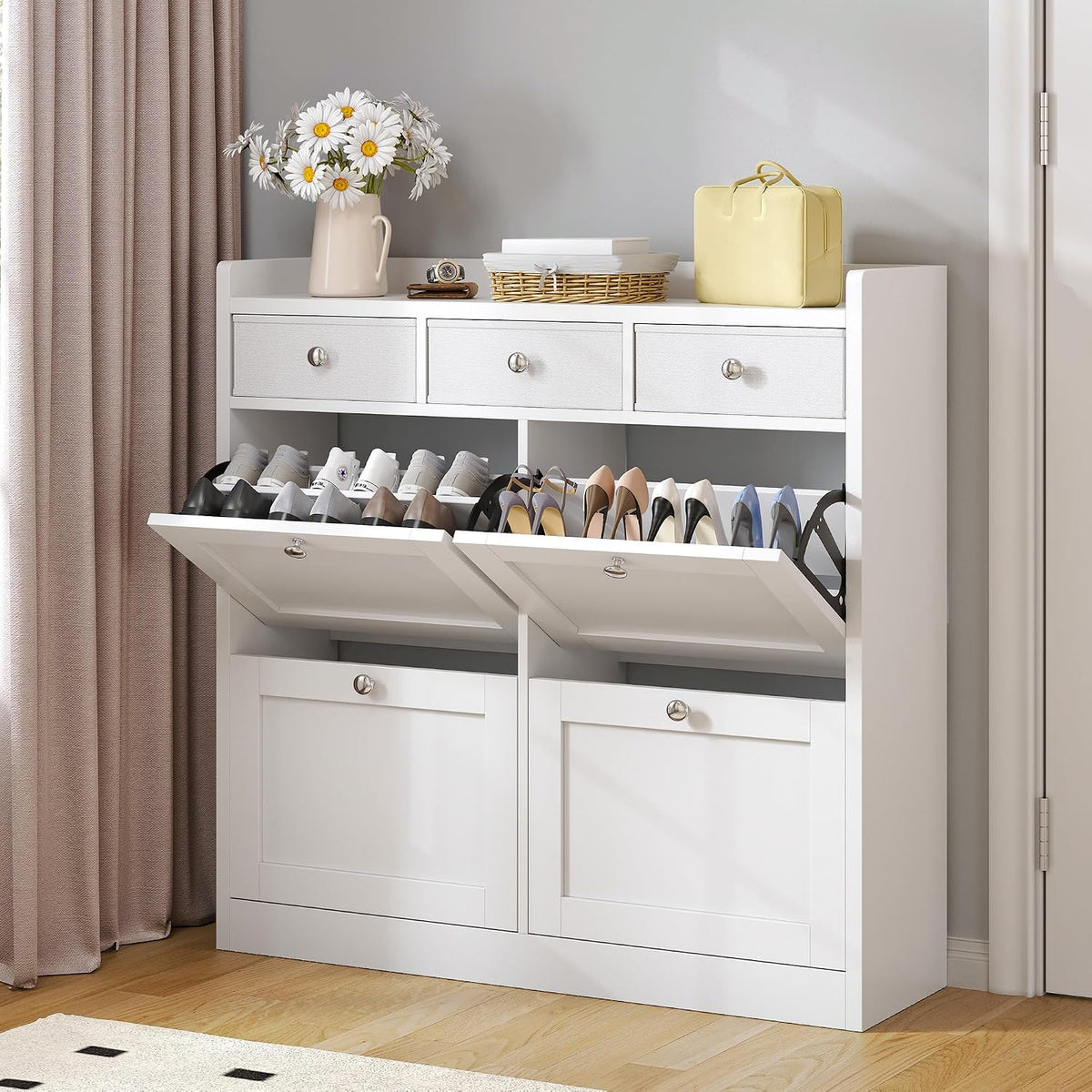 YITAHOME 4 Drawer Shoe Cabinet, Space Saving Shoe Storage Cabinet with 4 Flip Drawers and 3 Fabric Drawer Adjustable and Removable Divider for 24 Pairs of Shoes for Hallways and Living Room, White MegaBDM
