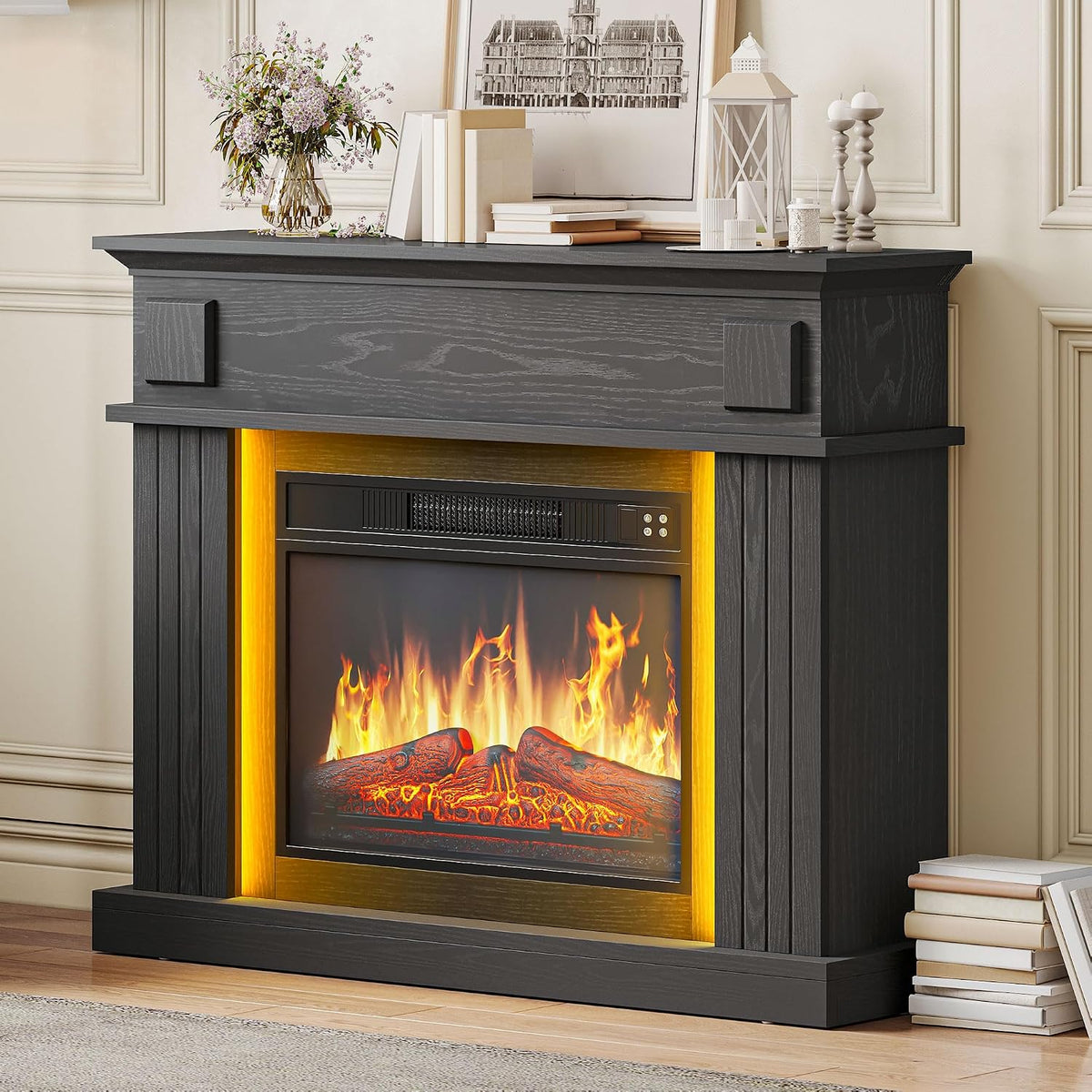 YITAHOME Electric Fireplace, Black Electric Fire and Surround Fireplace Suite 39" with Programmable 7Day Remote Control Free Standing Modern Realistic LED Flame with Timer and 16 Color LED Light Strip MegaBDM