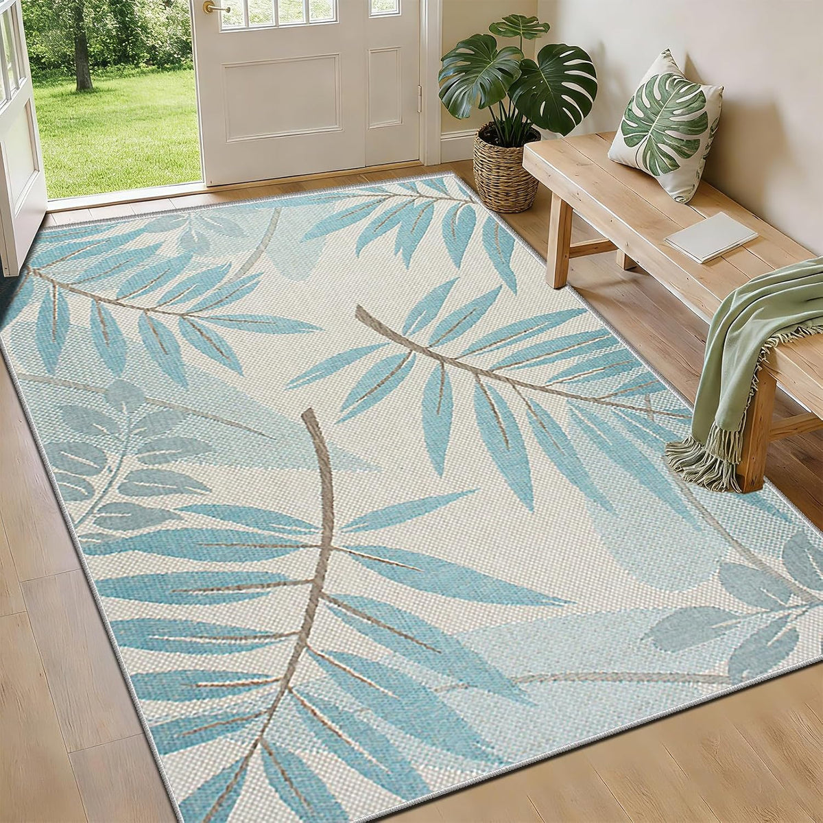 Machine Washable Rug, Modern Ocean Blue Tropical Leaf Area Rug, Navy Teal Coastal Short-Pile Carpet, Non-Slip Botanical Rug for Living Room Dining Room (120x170cm) MegaBDM