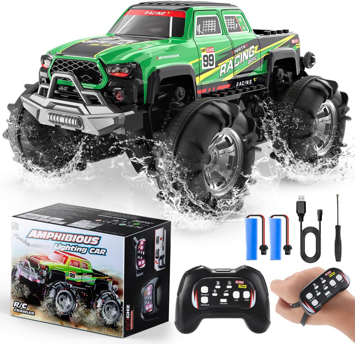 DEERC BG028 Amphibious RC Monster Truck/Boat, IPX7 Waterproof Remote Control Car W/Gesture Sensing Control, 2.4GHz 4WD RC Car W/ 360°Rotation,Flowing Light,40mins Play RC Truck Toys for Kids Boys MegaBDM