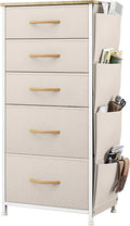 YITAHOME Chest of Drawers, Dresser with side pockets & hooks, Fabric 5 Drawers with Handles, Metal Frame, Wood Top, for Bedroom,Living Room,Hallway, Beige MegaBDM